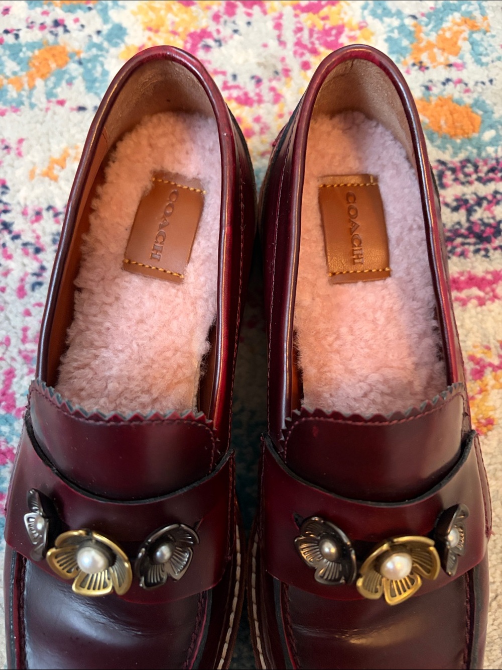 Coach Burgundy Leather Floral-Accent Loafers - Picture 8 of 8